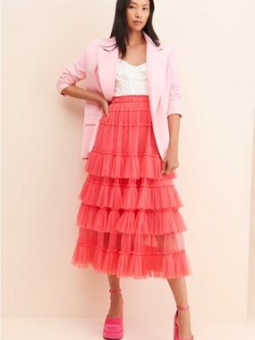 Anthropologie nikashi Coral Pink Tiered Tulle Midi Skirt